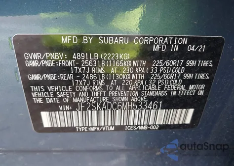 2021 Subaru Forester z USA, uszkodzony, nr VIN JF2SKADC6MH533461